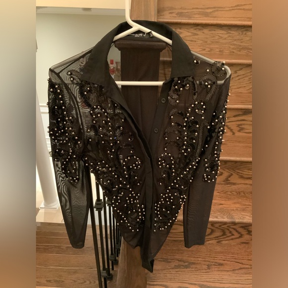 Boutique Paris Beaded Sequin Black Sheer Long Sleeve Body Suit Size Medium/Large - Picture 9 of 16